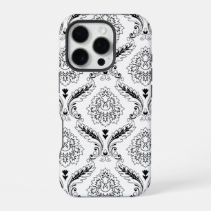 Rococo Damask Line Pattern Black on White iPhone 16 Pro Case