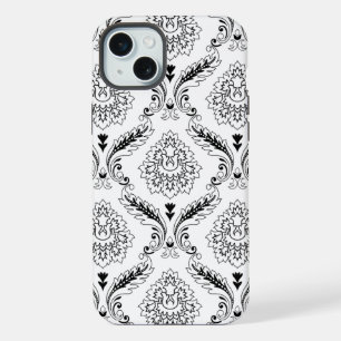 Rococo Damask Line Pattern Black on White iPhone 15 Plus Case
