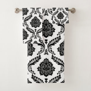 Rococo Damask Mixed Pattern Black on White Bath Towel Set