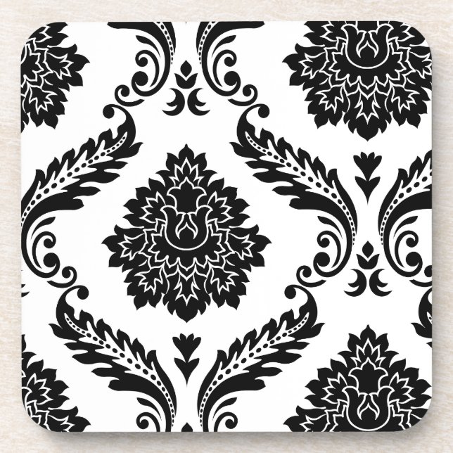 Rococo Damask Off-Set Pattern Black on White Coaster (Front)
