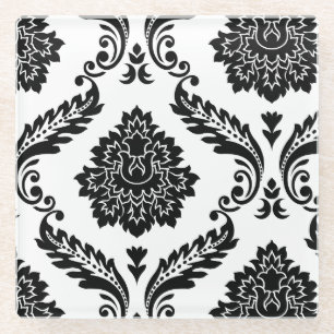 Rococo Damask Off-Set Pattern Black on White Glass Coaster