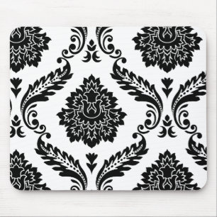 Rococo Damask Off-Set Pattern Black on White Mouse Pad
