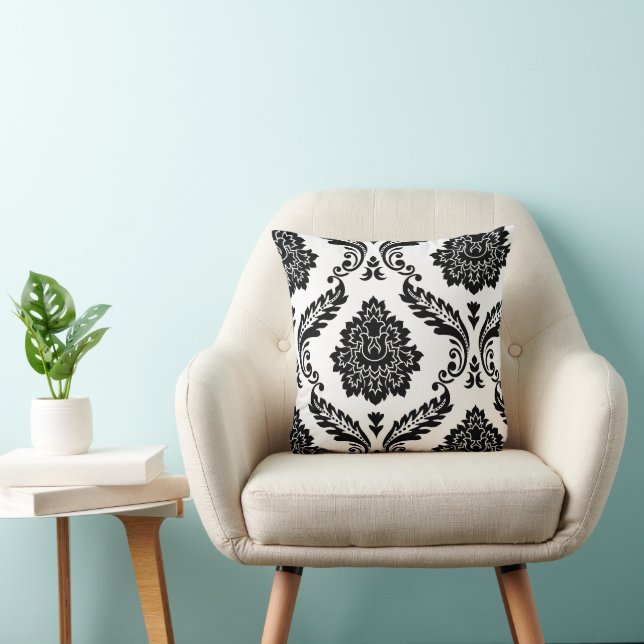 Rococo Damask Off-Set Pattern Black on White Throw Pillow (Chair)