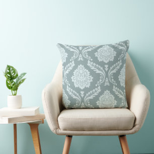 Rococo Damask Off-Set Pattern Duck Egg Blue+Teal Throw Pillow