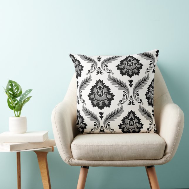 Rococo Damask Off-Set Pattern Grey Black White Throw Pillow (Chair)