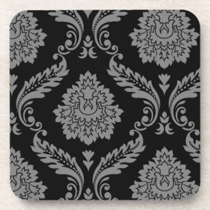 Rococo Damask Off-Set Pattern Grey on Black Coaster