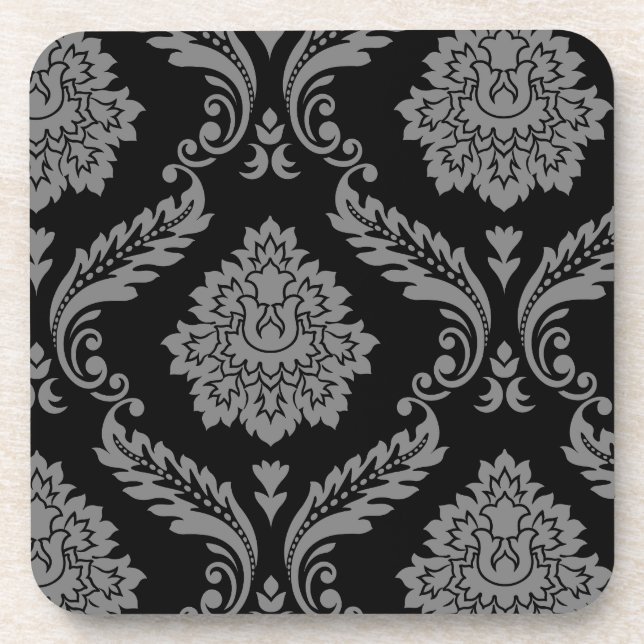 Rococo Damask Off-Set Pattern Grey on Black Coaster (Front)