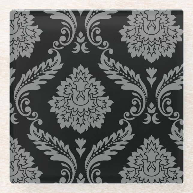 Rococo Damask Off-Set Pattern Grey on Black Glass Coaster (Front)