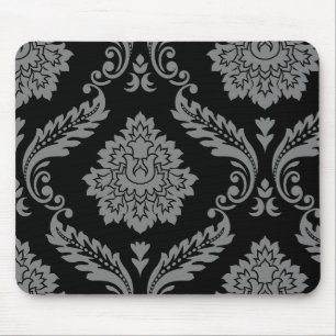 Rococo Damask Off-Set Pattern Grey on Black Mouse Pad