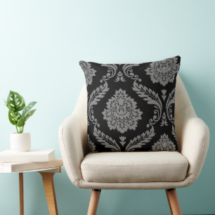 Rococo Damask Off-Set Pattern Grey on Black Throw Pillow