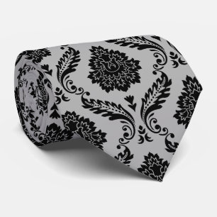 Rococo Damask Pattern Black on Gray Tie