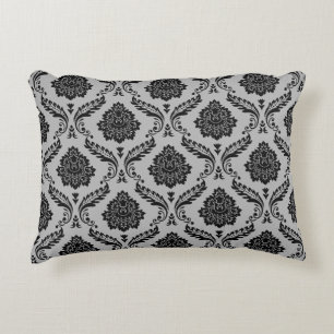 Rococo Damask Pattern Black on Grey Accent Pillow