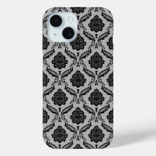 Rococo Damask Pattern Black on Grey iPhone 15 Case