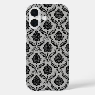 Rococo Damask Pattern Black on Grey iPhone 16 Case