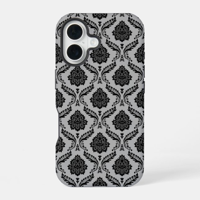 Rococo Damask Pattern Black on Grey iPhone 16 Case (Back)