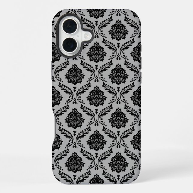 Rococo Damask Pattern Black on Grey iPhone Case (Back)