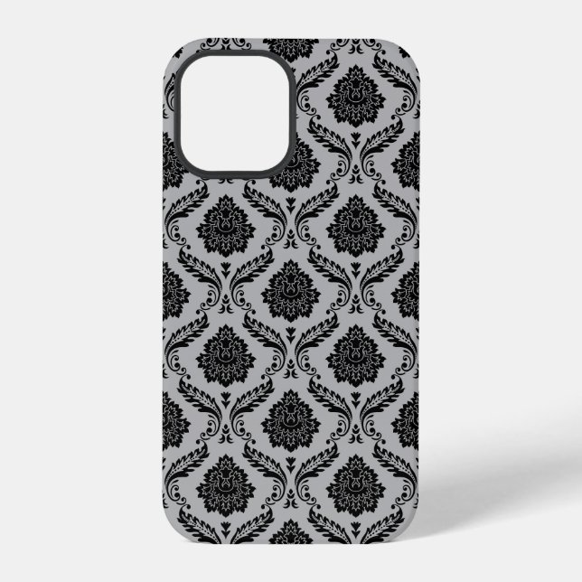 Rococo Damask Pattern Black on Grey iPhone Case (Back)