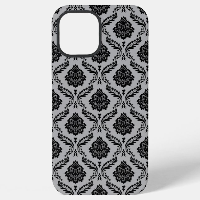 Rococo Damask Pattern Black on Grey iPhone Case (Back)