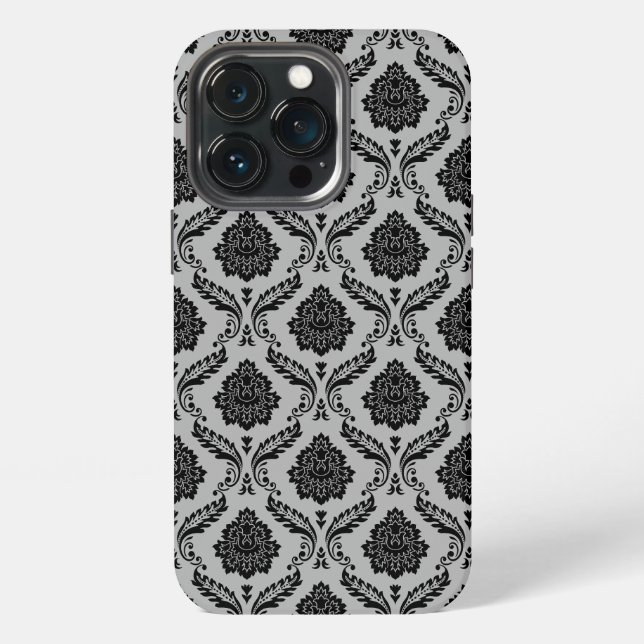 Rococo Damask Pattern Black on Grey iPhone Case (Back)