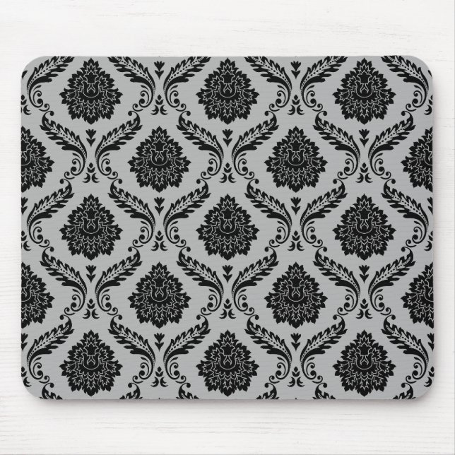 Rococo Damask Pattern Black on Grey Mouse Pad (Front)
