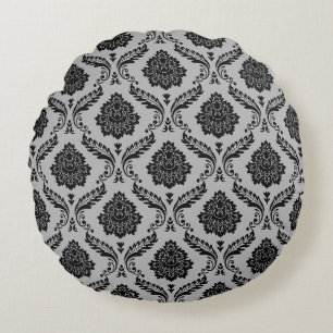 Rococo Damask Pattern Black on Grey Round Pillow