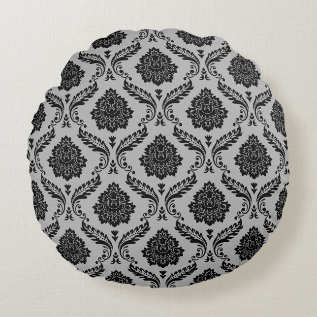 Rococo Damask Pattern Black on Grey Round Pillow (Front)