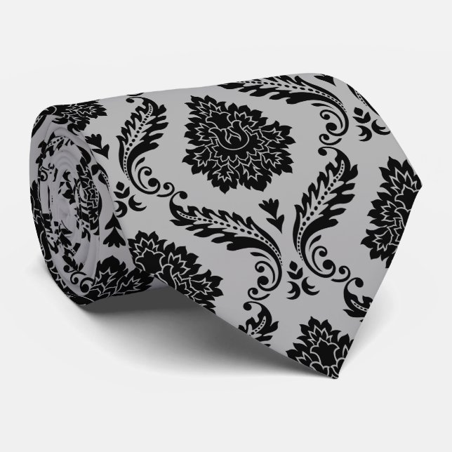 Rococo Damask Pattern Black on Grey Tie (Rolled)