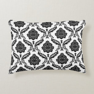 Rococo Damask Pattern Black on White Accent Pillow