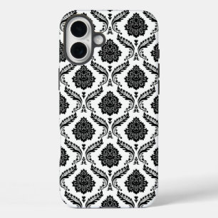 Rococo Damask Pattern Black on White iPhone 16 Plus Case