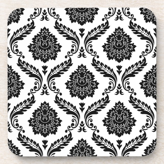 Rococo Damask Pattern Black on White Coaster (Front)