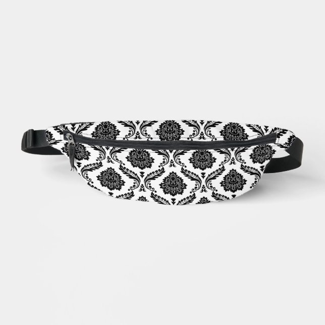 Rococo Damask Pattern Black on White Fanny Pack (Front)