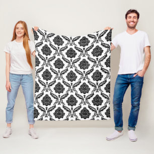 Rococo Damask Pattern Black on White Fleece Blanket