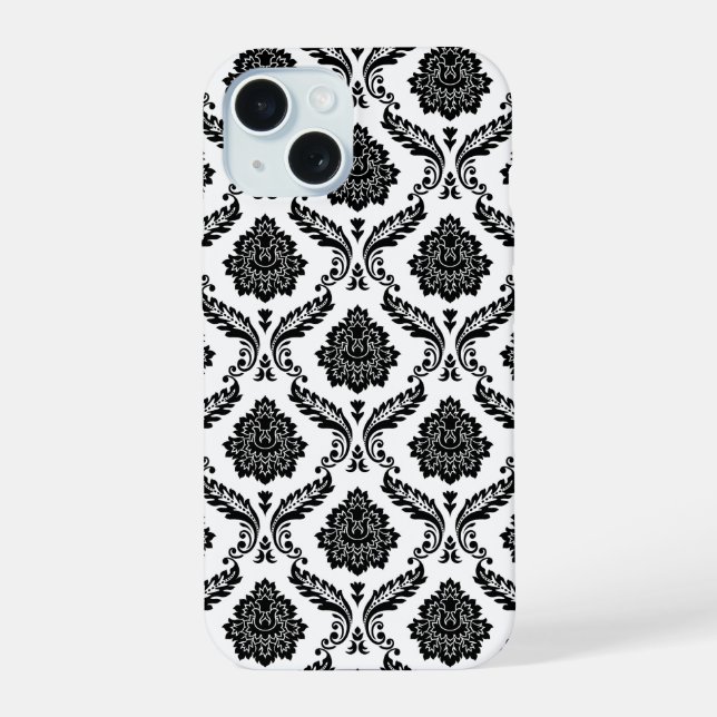 Rococo Damask Pattern Black on White iPhone 15 Case (Back)