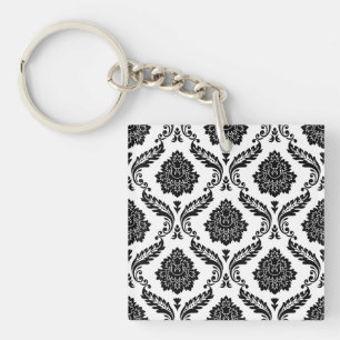 Rococo Damask Pattern Black on White Keychain