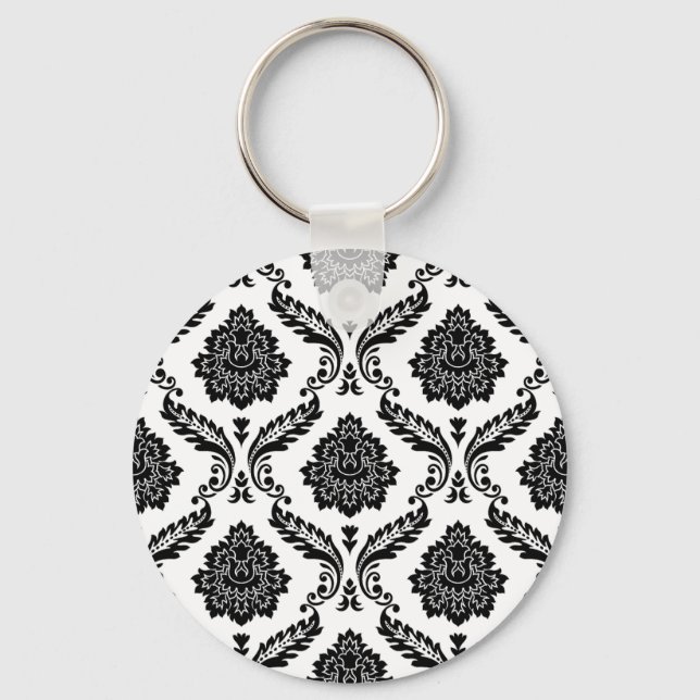 Rococo Damask Pattern Black on White Keychain (Front)
