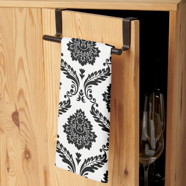 Rococo Damask Pattern Black on White Kitchen Towel (Thirds Fold)