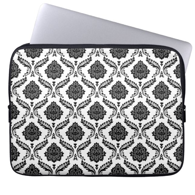 Rococo Damask Pattern Black on White Laptop Sleeve (Front)