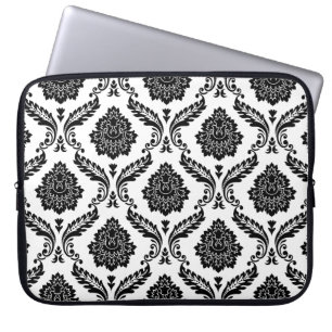 Rococo Damask Pattern Black on White Laptop Sleeve