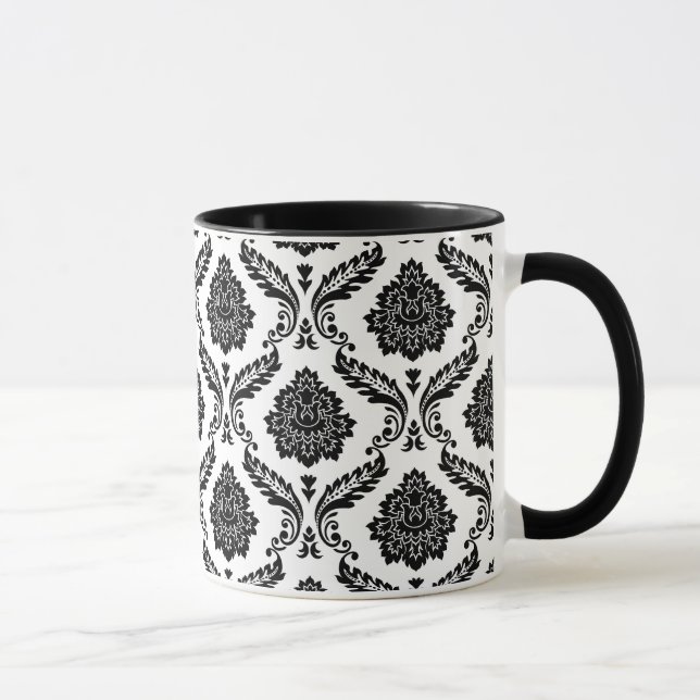 Rococo Damask Pattern Black on White Mug (Right)