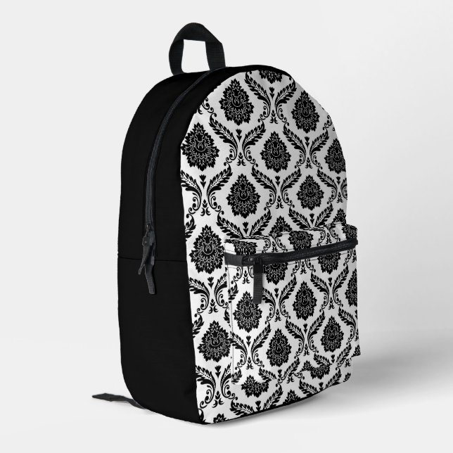 Rococo Damask Pattern Black on White Printed Backpack (Back Corner Left)