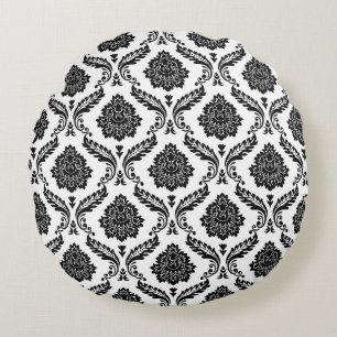 Rococo Damask Pattern Black on White Round Pillow