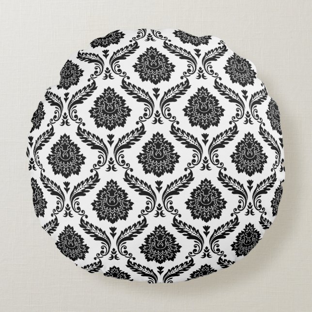 Rococo Damask Pattern Black on White Round Pillow (Front)