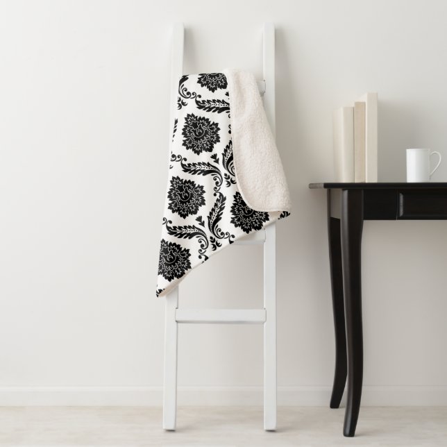 Rococo Damask Pattern Black on White Sherpa Blanket (In Situ)