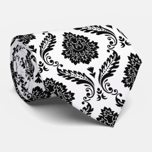 Rococo Damask Pattern Black on White Tie