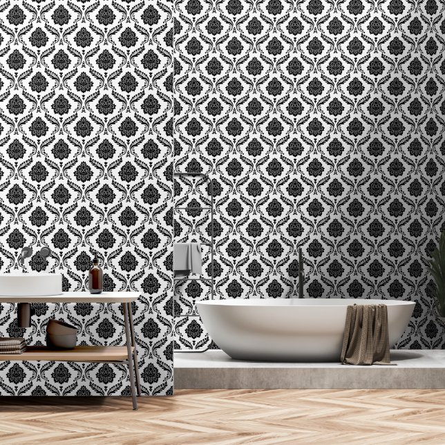 Rococo Damask Pattern Black on White Wallpaper (Bathroom)