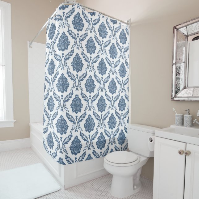 Rococo Damask Pattern Blue on White (In Situ)