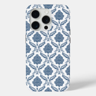 Rococo Damask Pattern Blue on White iPhone 15 Pro Case