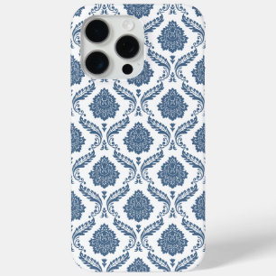 Rococo Damask Pattern Blue on White iPhone 15 Pro Max Case