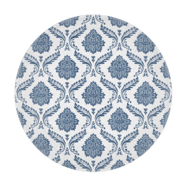 Rococo Damask Pattern Blue on White Cutting Board (Front)