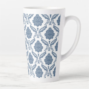 Rococo Damask Pattern Blue on White Latte Mug